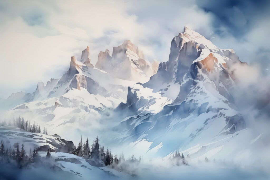 Snowy mountain range with trees Snowy mountain range with trees