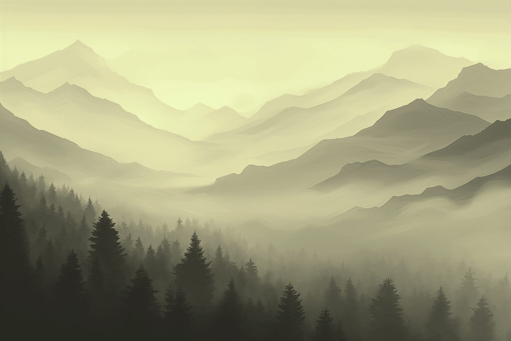 Paesaggio montano nebbioso con alberi Paesaggio montano nebbioso con alberi