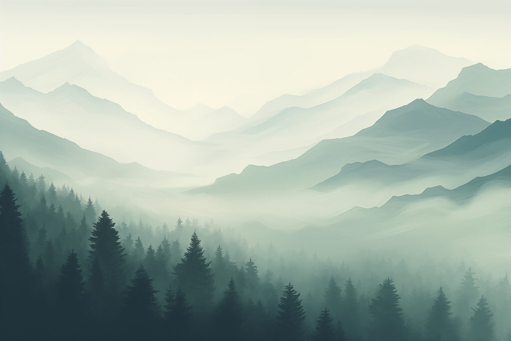 Paesaggio montano nebbioso con alberi Paesaggio montano nebbioso con alberi