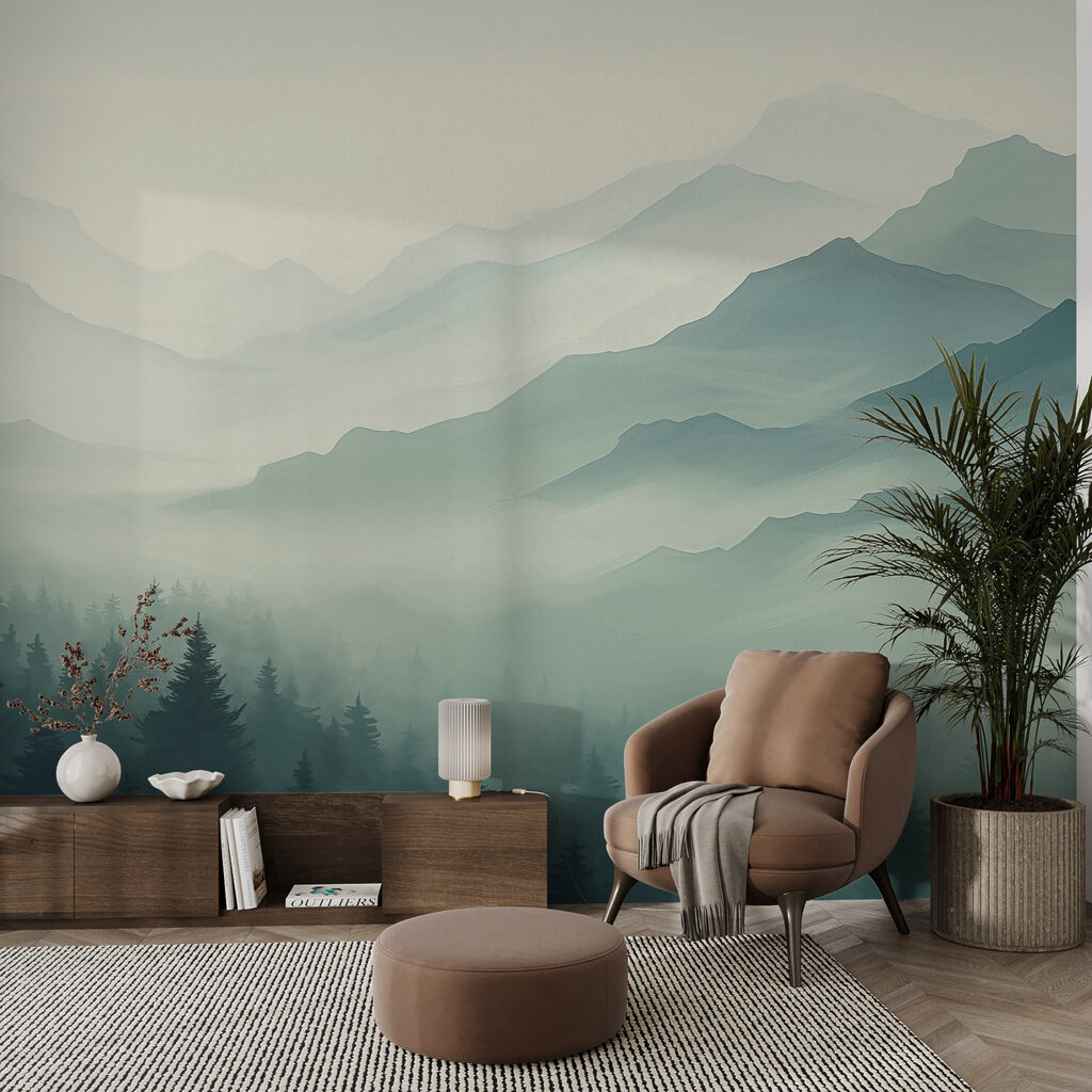 Foggy mountain landscape with trees