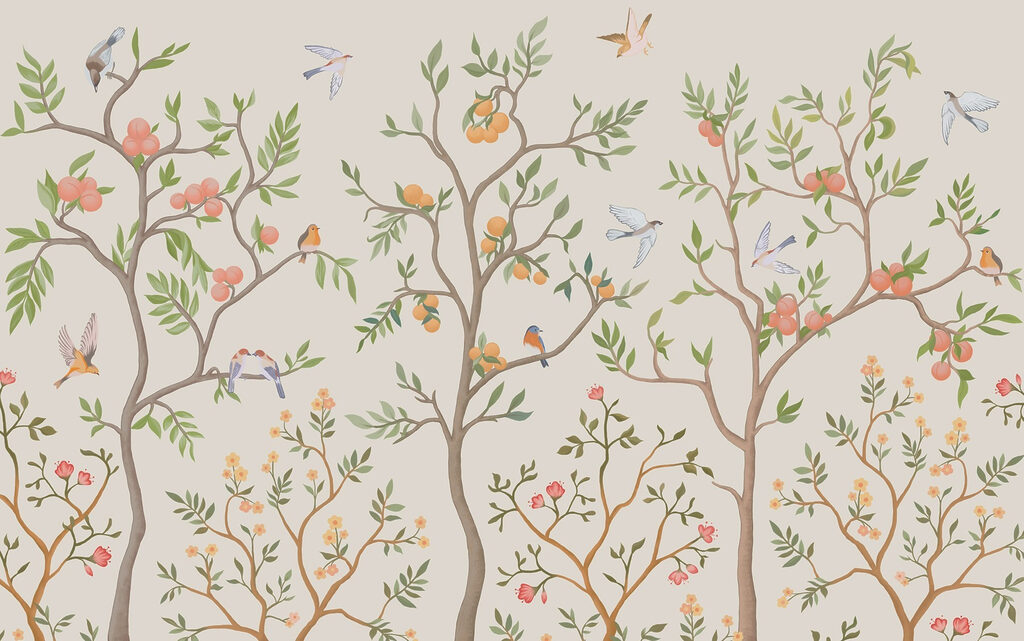 Carta da parati con uccelli e alberi Carta da parati con uccelli e alberi