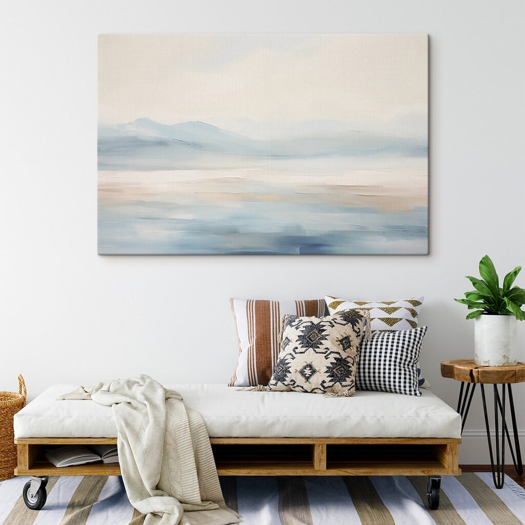 Painting of a landscape with mountains in the distance