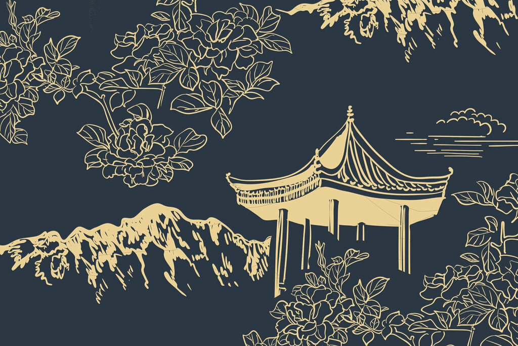 Pagoda e montagne con fiori Pagoda e montagne con fiori