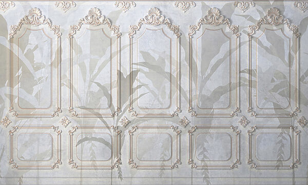 Parete con disegni ornamentali bianchi e marroni Parete con disegni ornamentali bianchi e marroni