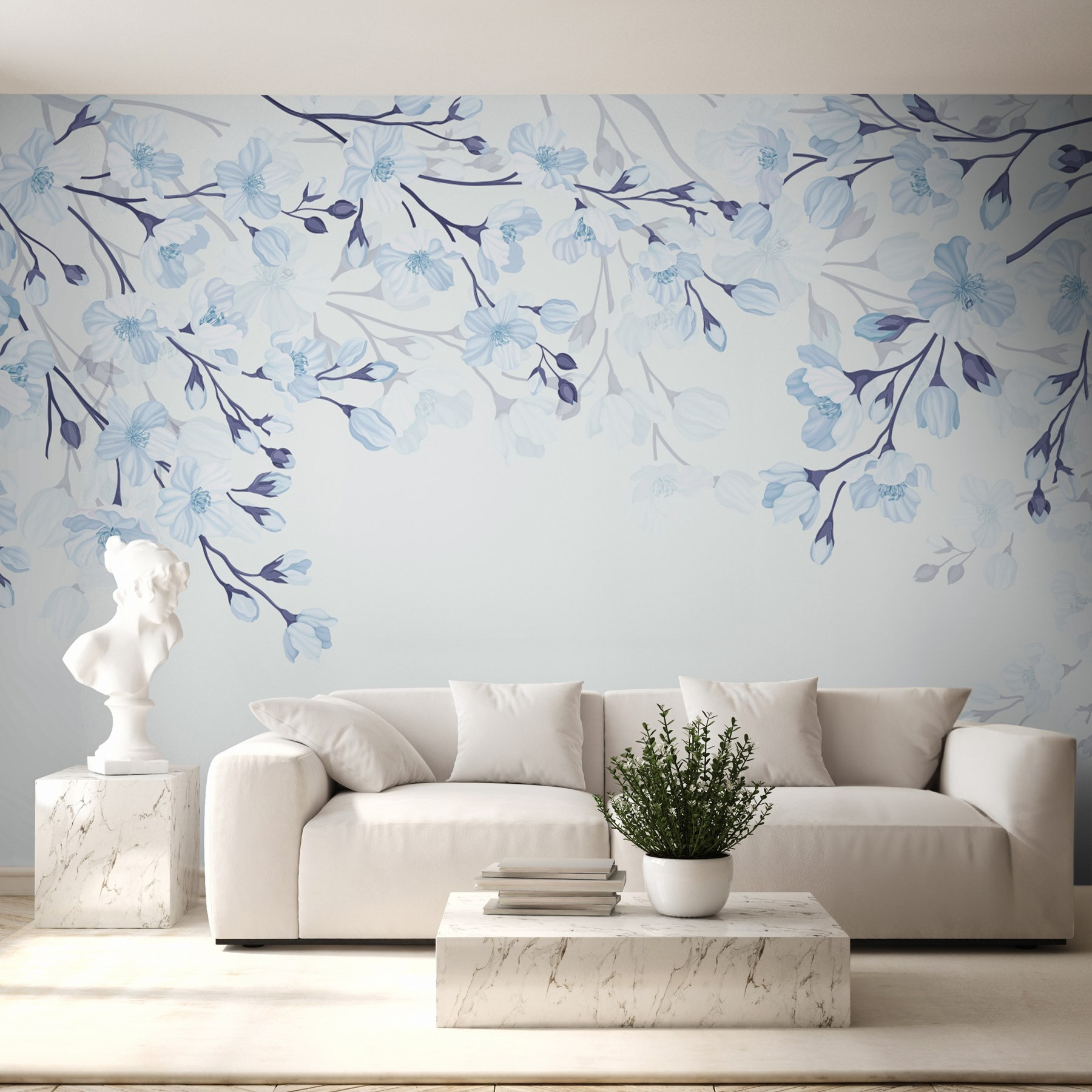 White and blue flowers on a white background White and blue flowers on a white background