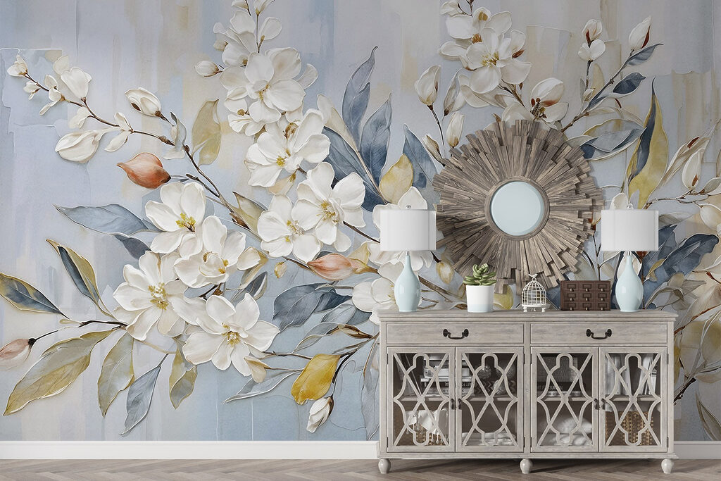 Painting of white flowers and leaves Painting of white flowers and leaves