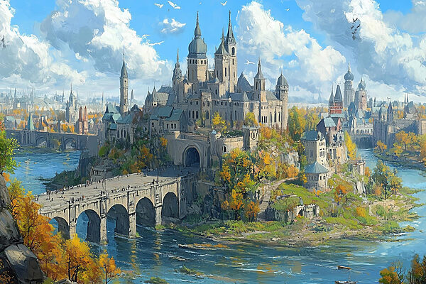 Castle on a hill with a bridge over water Castle on a hill with a bridge over water