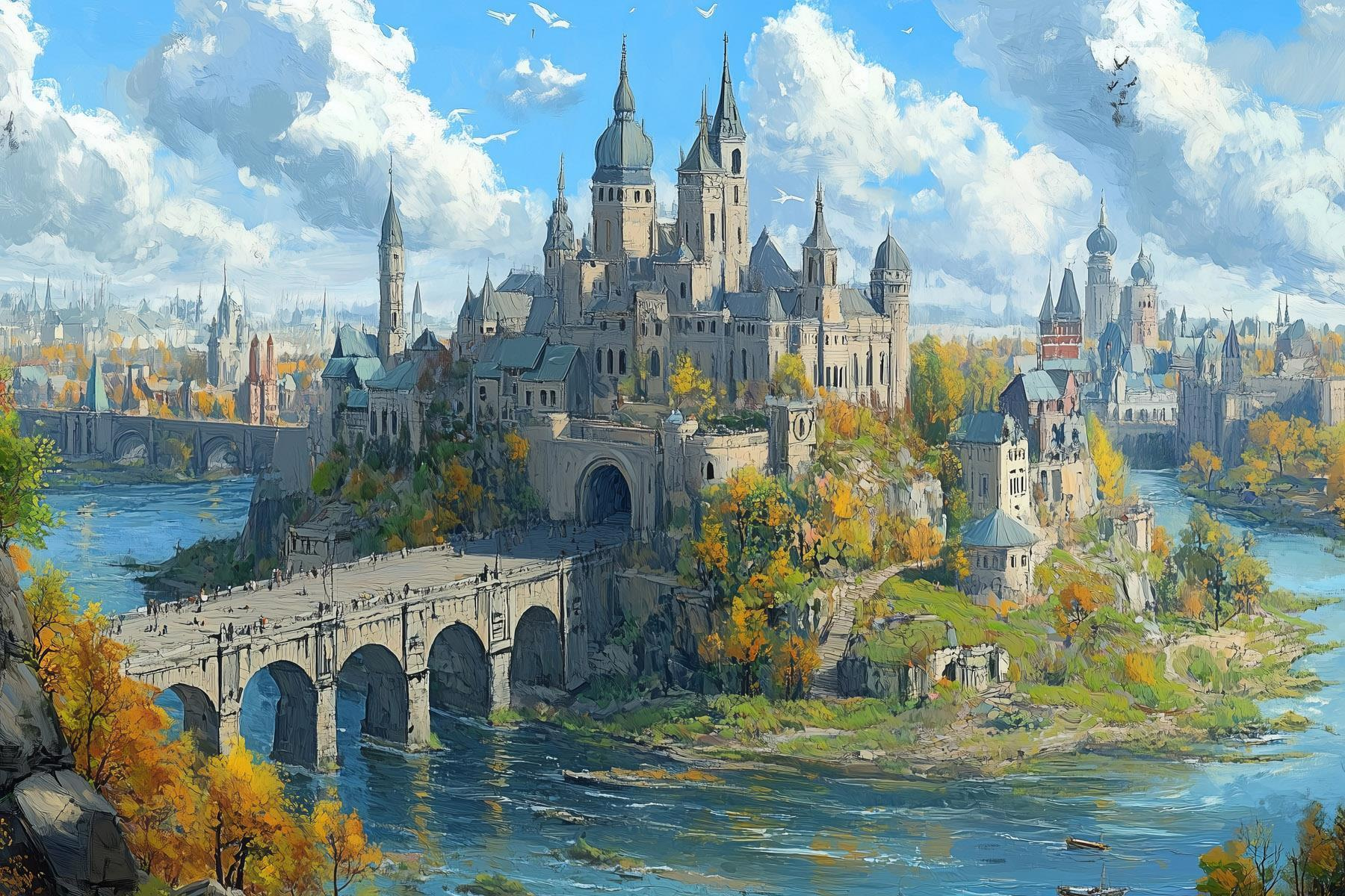 Castle on a hill with a bridge over water Castle on a hill with a bridge over water
