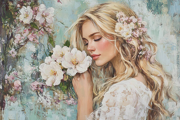 Painting of a woman smelling flowers