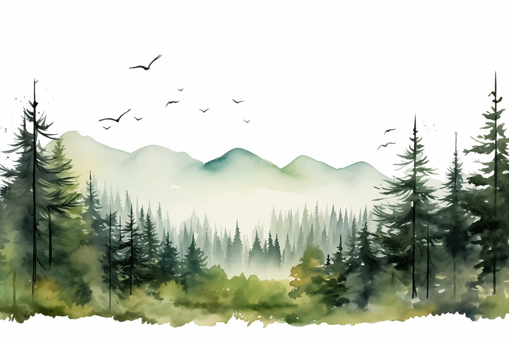 Acquerello di una foresta e di montagne Acquerello di una foresta e di montagne