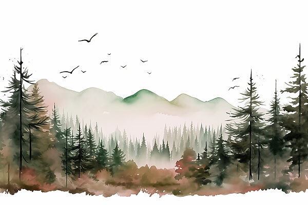 Acquerello di una foresta e di montagne Acquerello di una foresta e di montagne