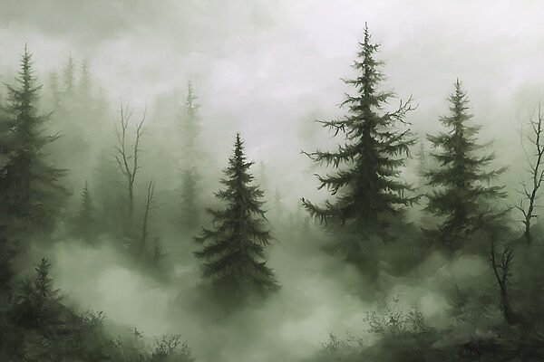 Foresta nebbiosa con alberi Foresta nebbiosa con alberi