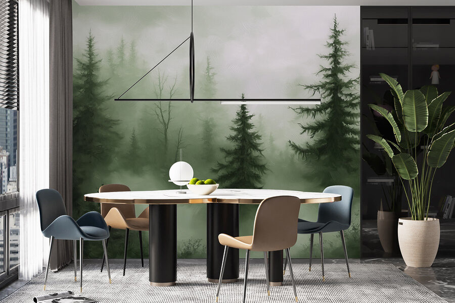 Foresta nebbiosa con alberi