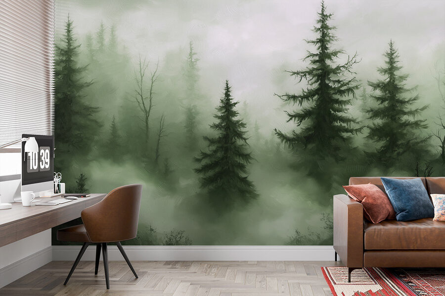 Foresta nebbiosa con alberi