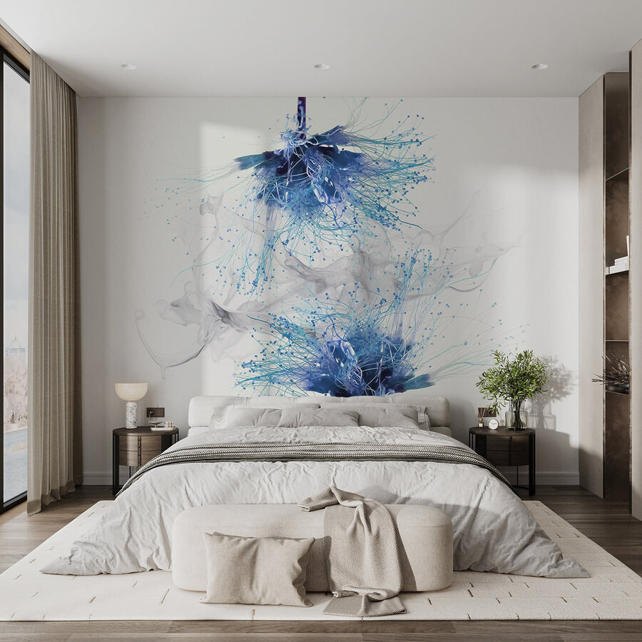 Fiori blu con inchiostro bianco nell'aria