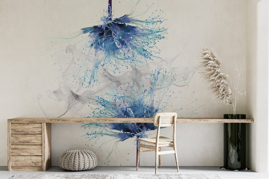 Fiori blu con inchiostro bianco nell'aria