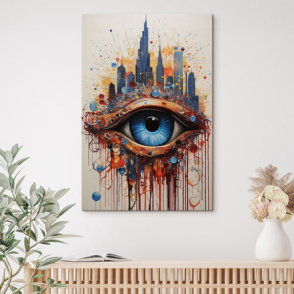 Quadri Dipinto raffigurante un occhio blu con una città sullo sfondo (COD: s41563) Quadri Quadri Dipinto raffigurante un occhio blu con una città sullo sfondo (COD: s41563)