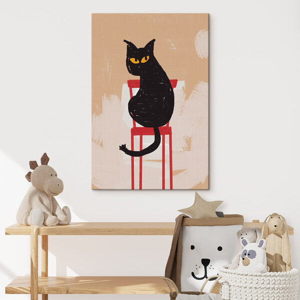 Quadri Quadri Gatto nero seduto su una sedia rossa (COD: s41612)
