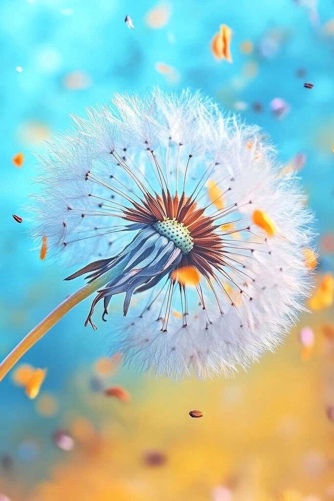 Dandelion with seeds flying in the air