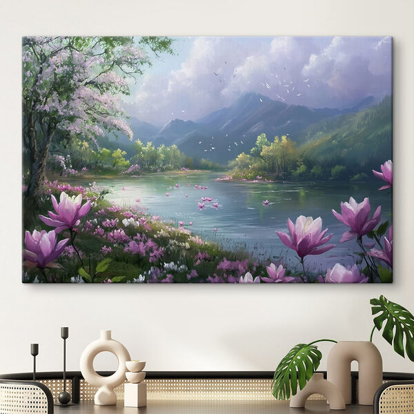 Quadri Fiume con fiori e montagne sullo sfondo