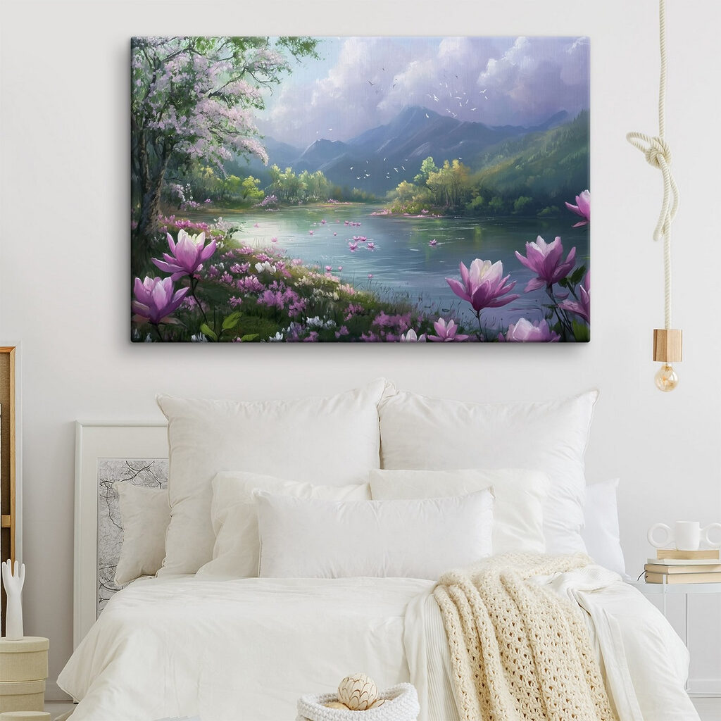 River with flowers and mountains in the background