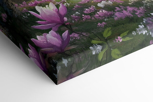 River with flowers and mountains in the background