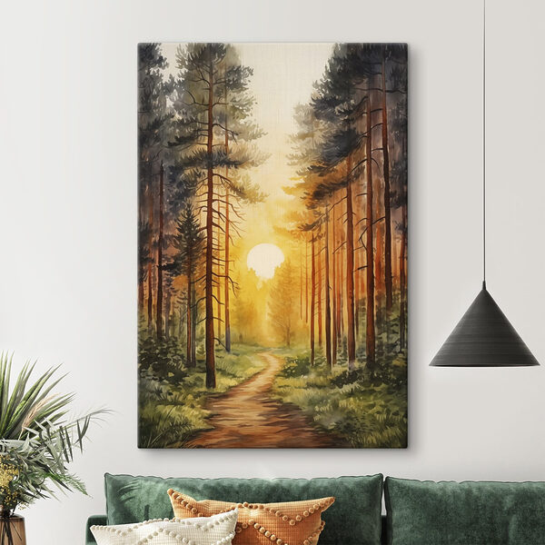 Painting of a forest with a path and trees