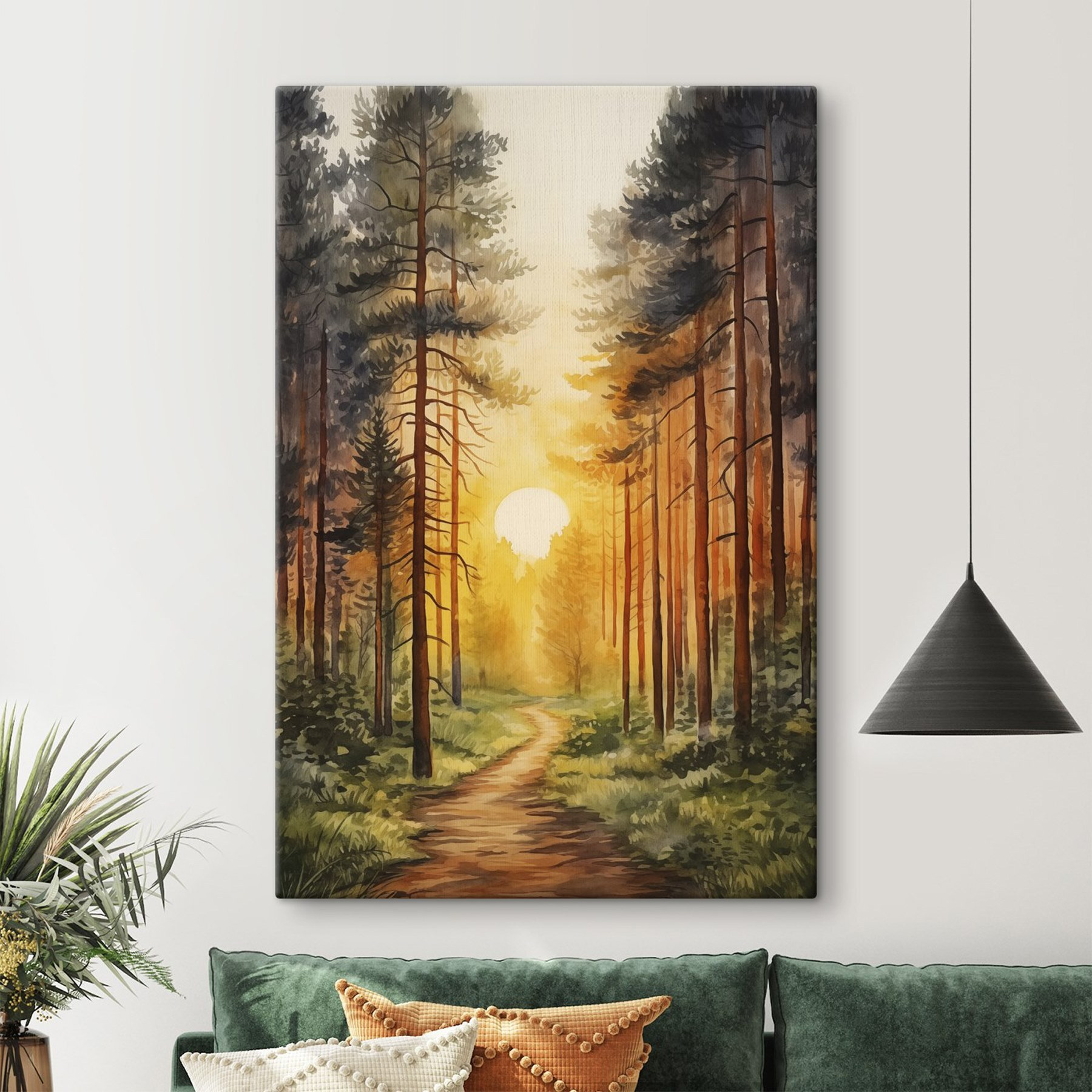 Painting of a forest with a path and trees