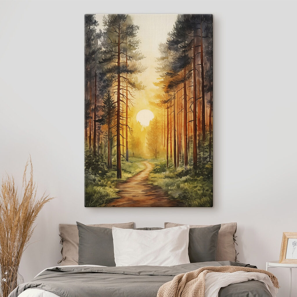 Painting of a forest with a path and trees