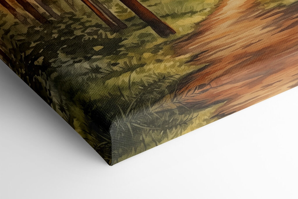 Painting of a forest with a path and trees