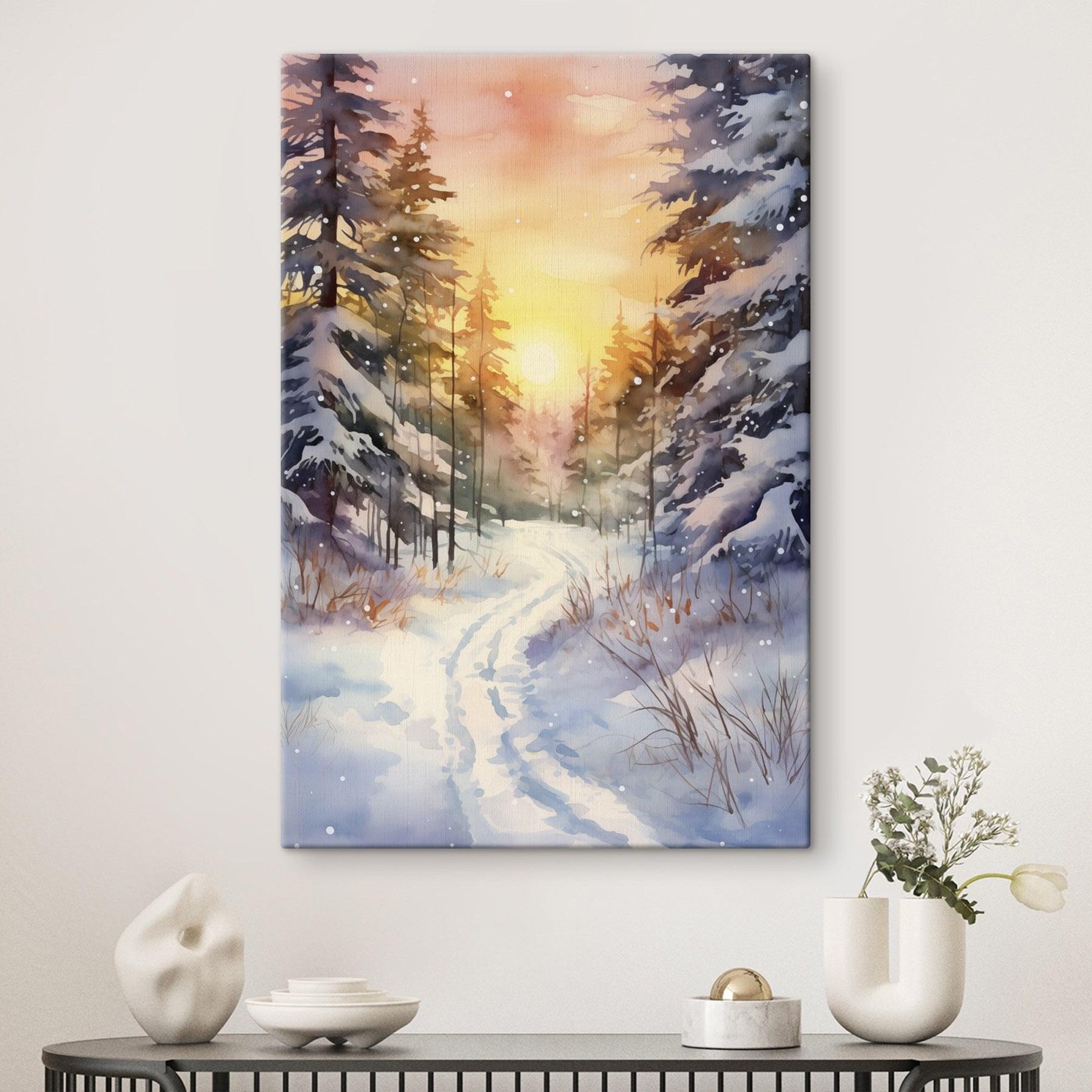 Watercolor painting of a snowy forest Watercolor painting of a snowy forest