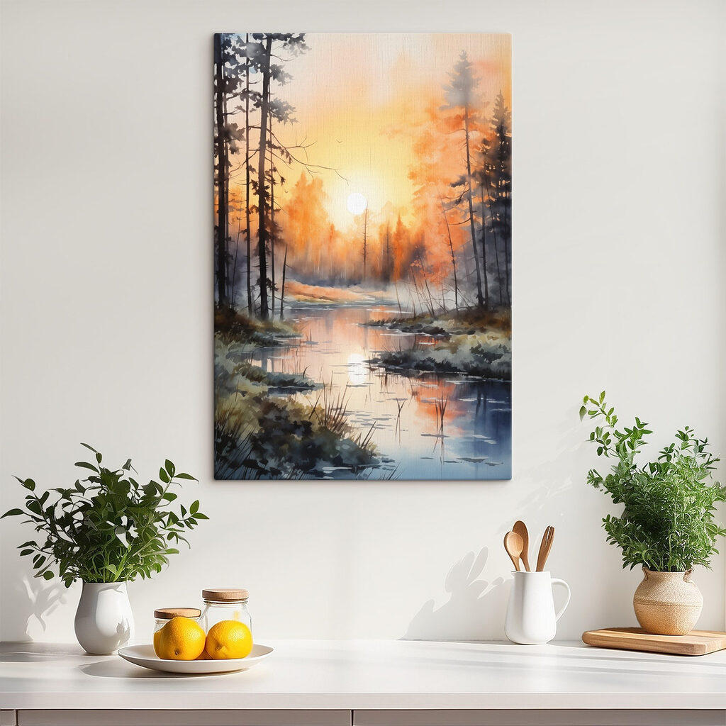 Watercolor painting of a river with trees and plants