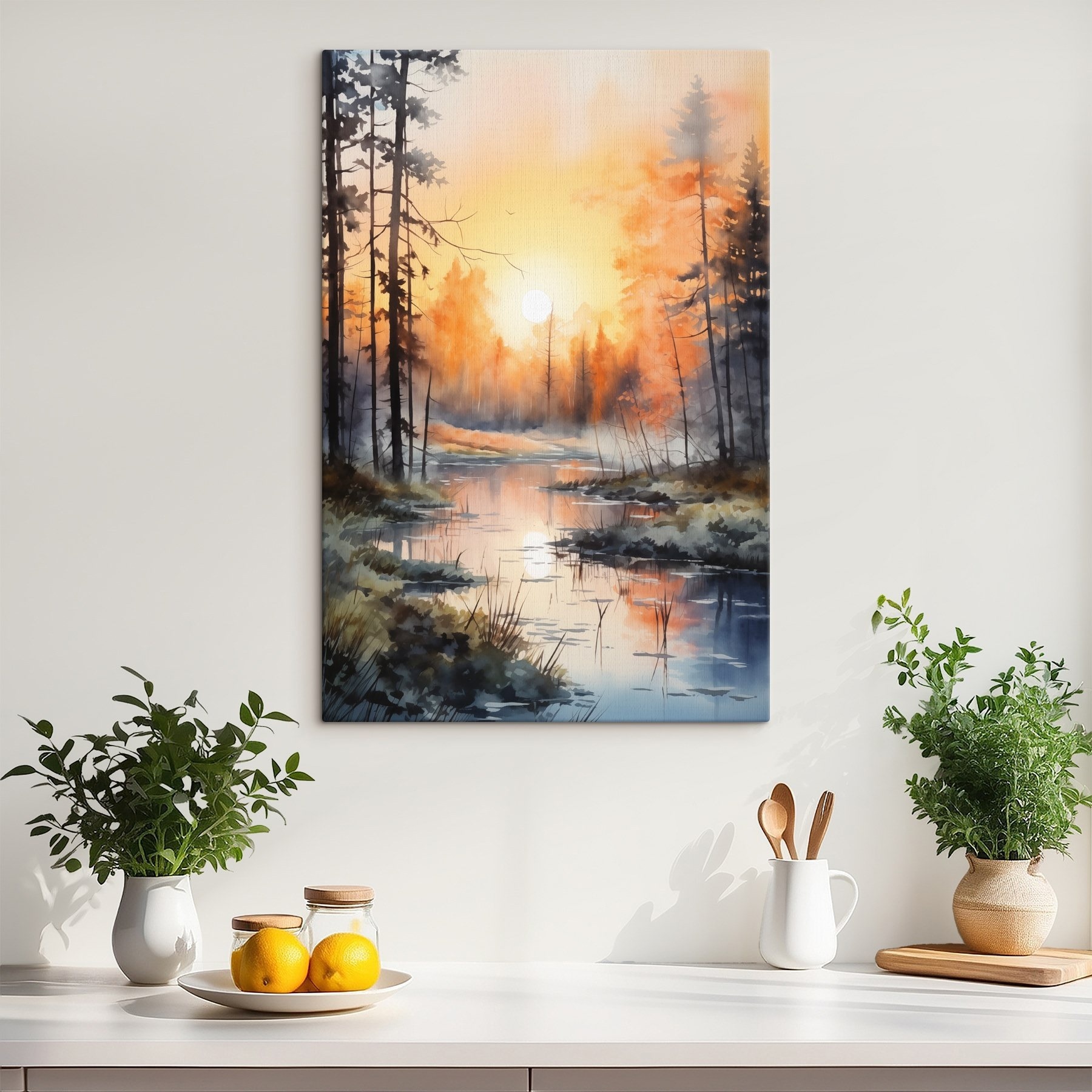 Watercolor painting of a river with trees and plants