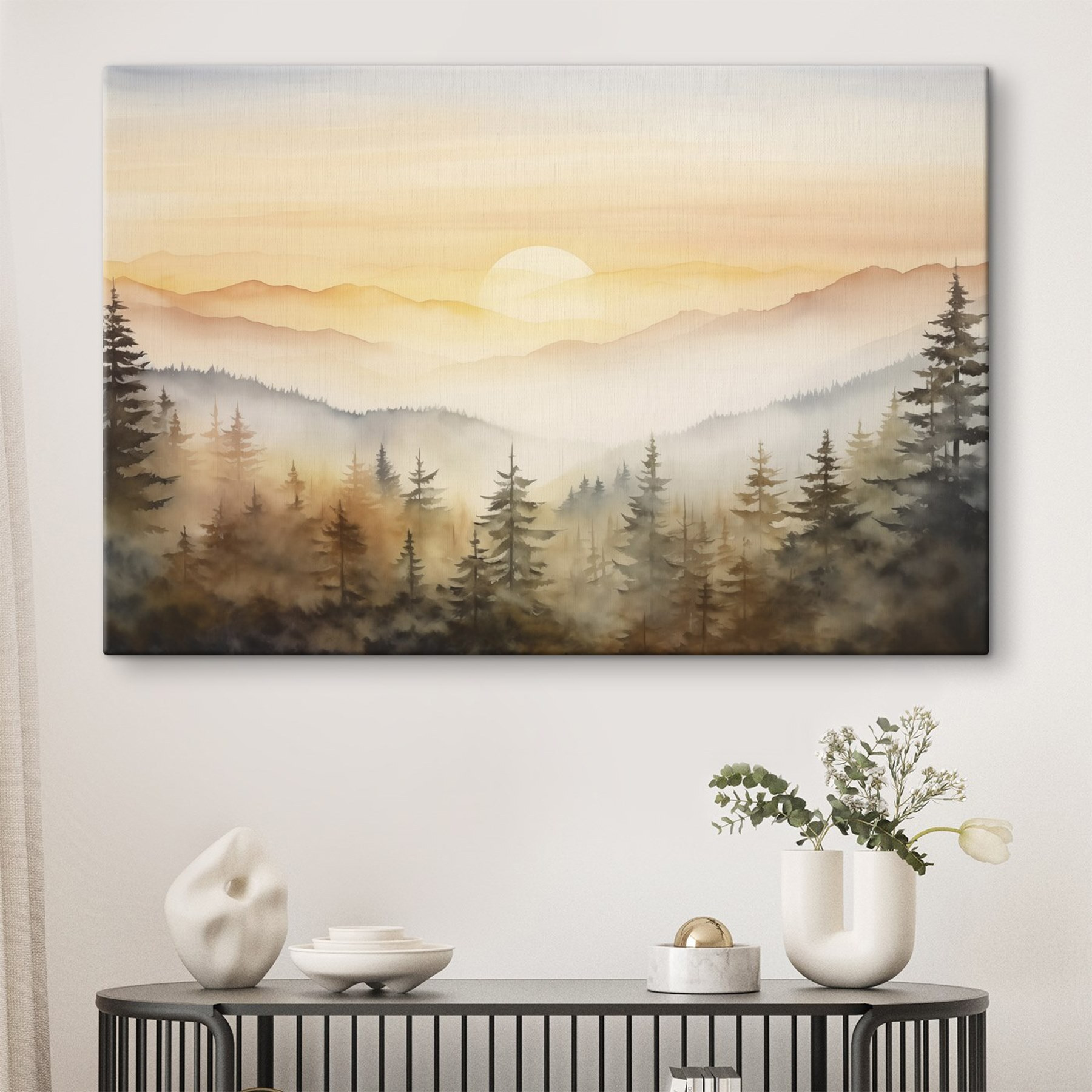 Watercolor painting of a forest and mountains