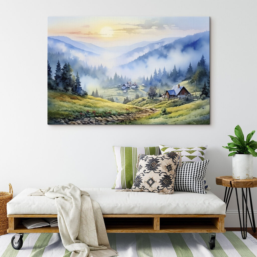 Painting of a village in the mountains
