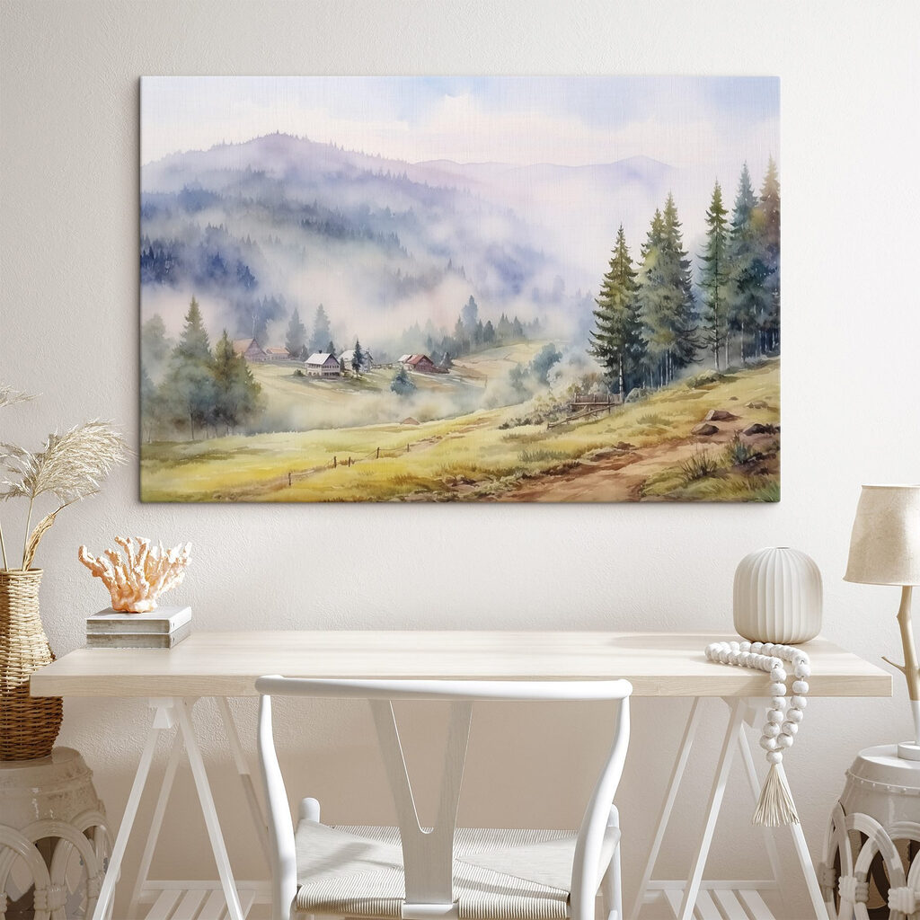 Watercolor painting of a village in the mountains
