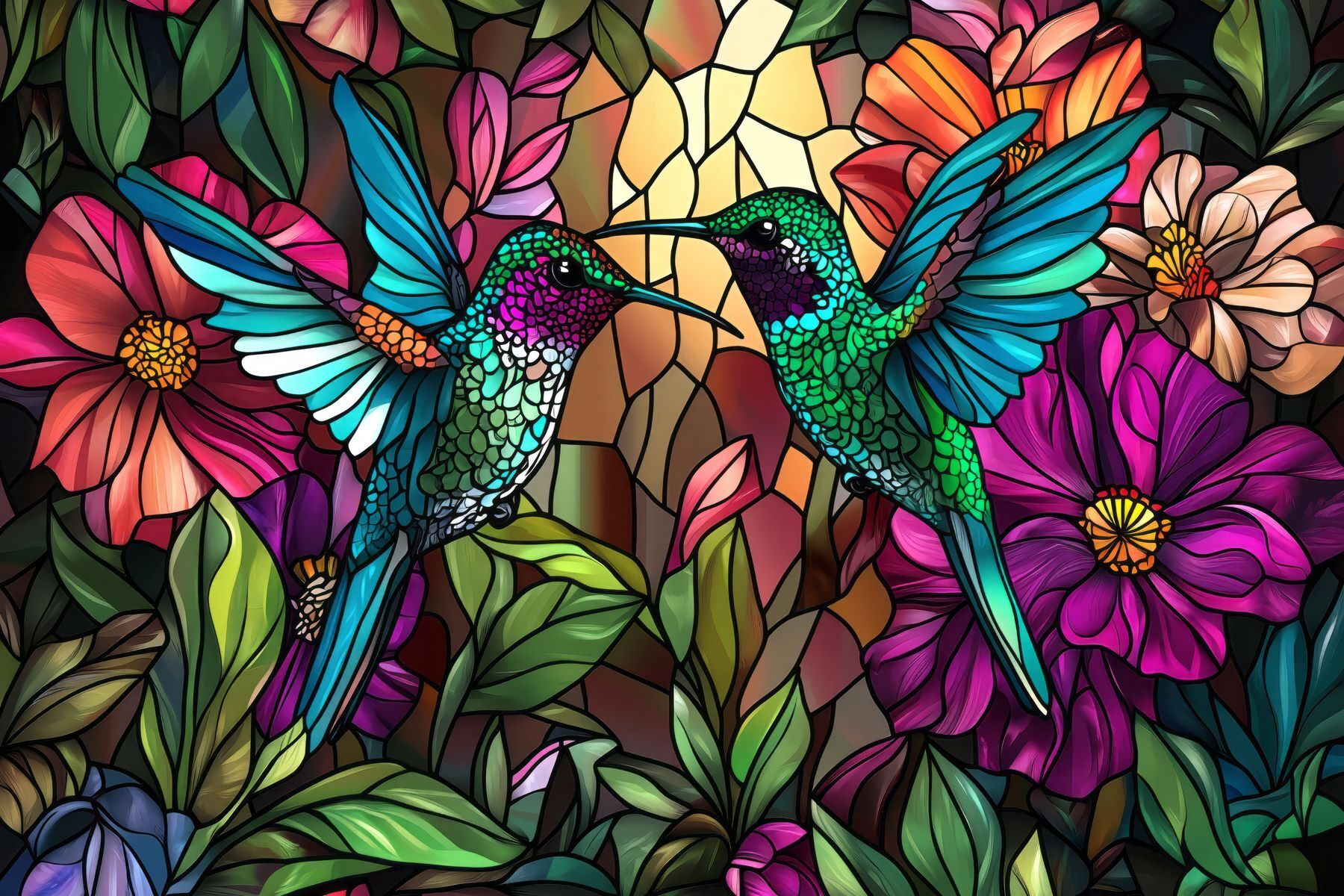 Stained glass window with colorful birds Stained glass window with colorful birds