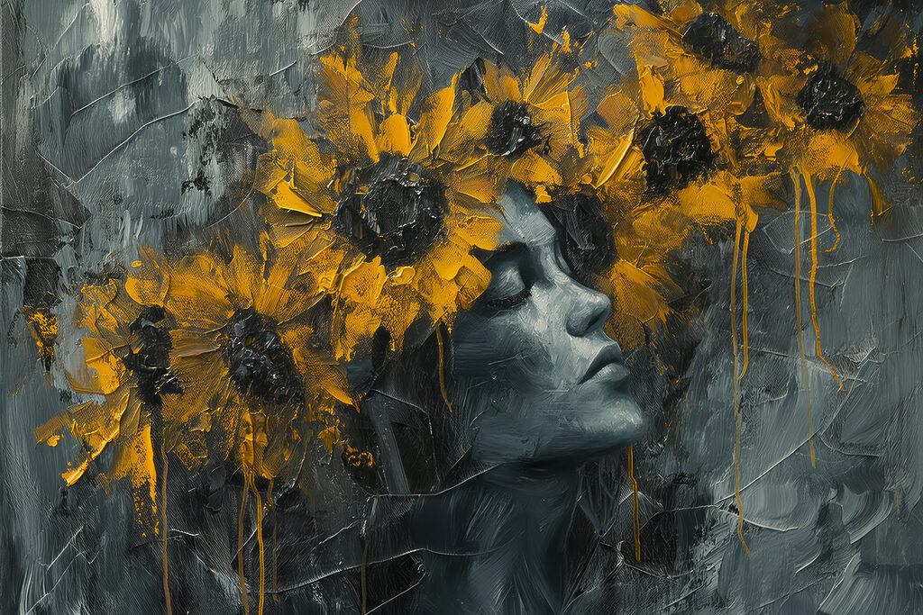 Painting of a woman with yellow flowers