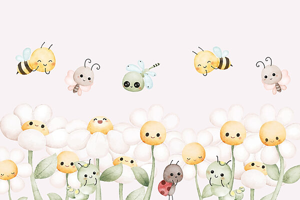 Group of cartoon bugs and flowers
