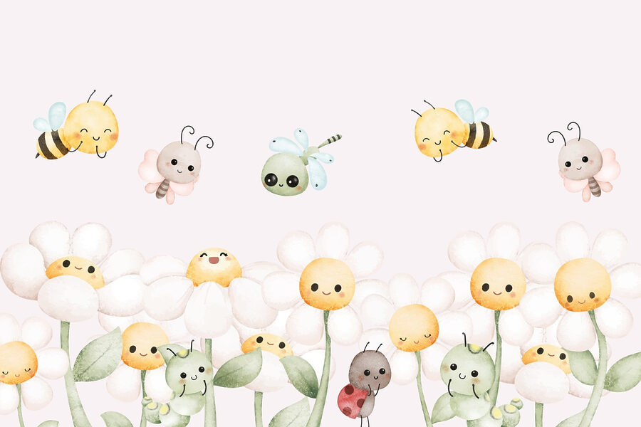 Gruppo di insetti e fiori dei cartoni animati