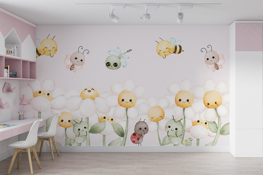 Gruppo di insetti e fiori dei cartoni animati