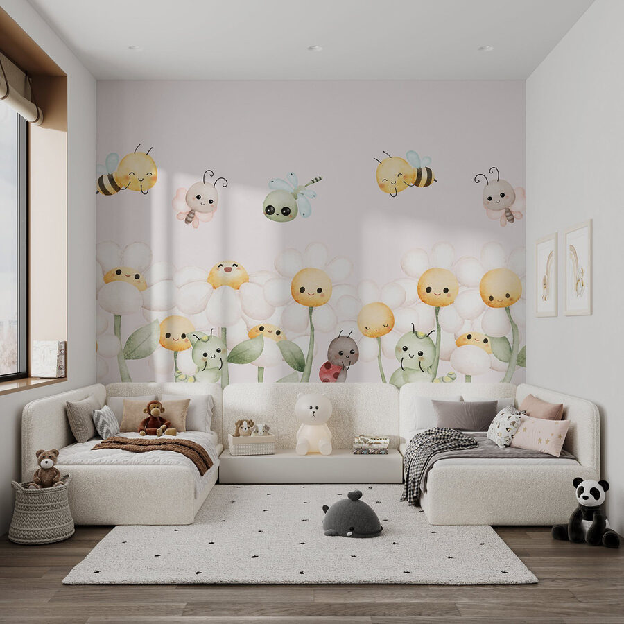 Gruppo di insetti e fiori dei cartoni animati