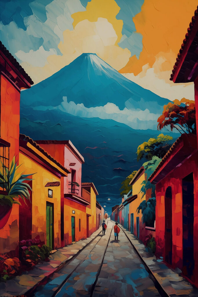Painting of a street with buildings and a mountain in the background