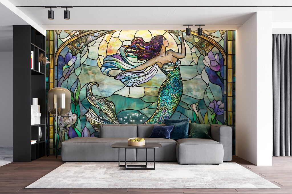 Stained glass window with a mermaid