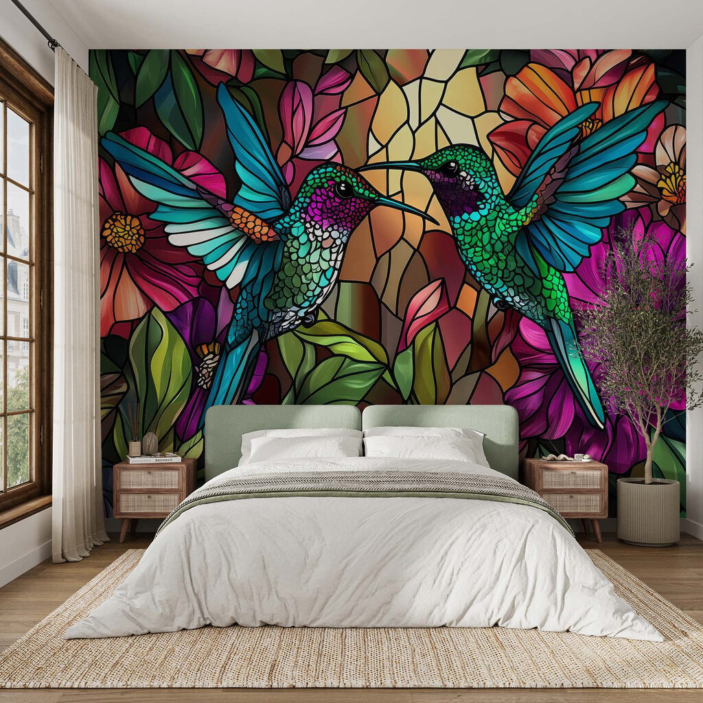 Stained glass window with colorful birds Stained glass window with colorful birds