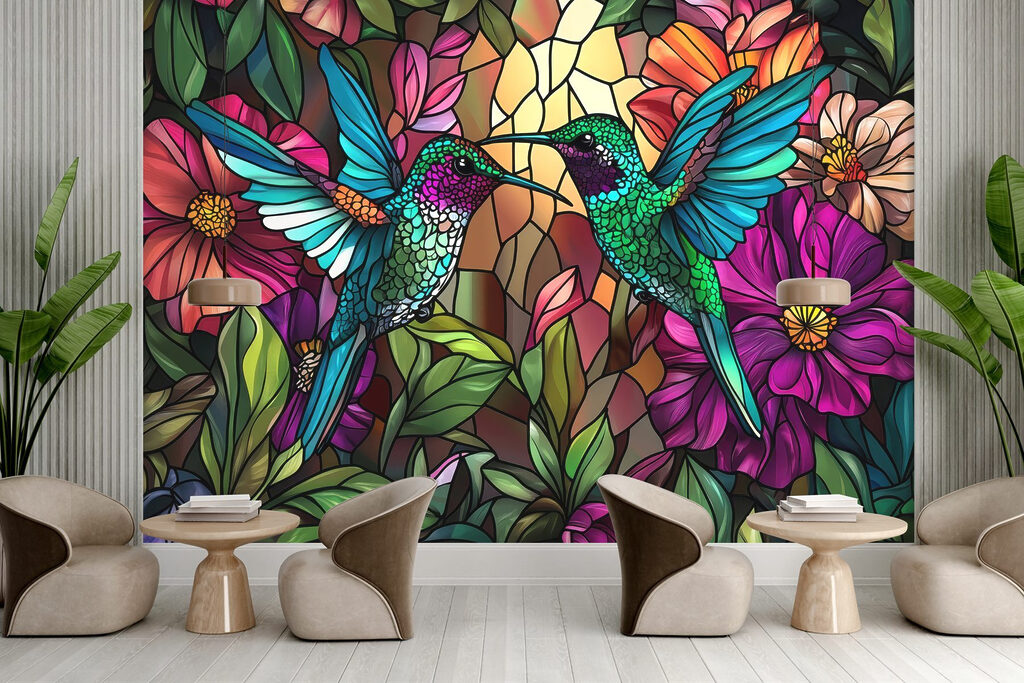 Stained glass window with colorful birds Stained glass window with colorful birds