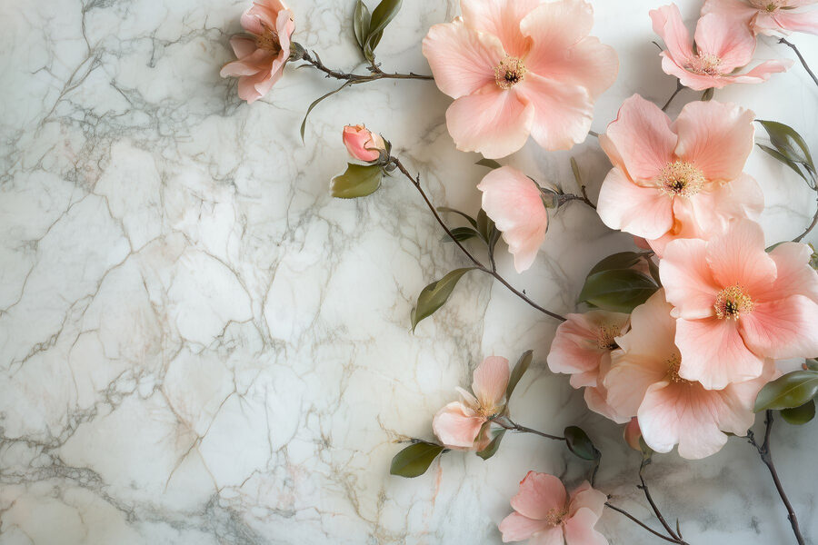 Carta da parati Gruppo di fiori rosa su una superficie di marmo - immagine 4