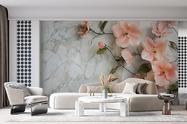 Carta da parati Gruppo di fiori rosa su una superficie di marmo