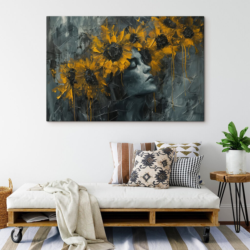Painting of a woman with yellow flowers