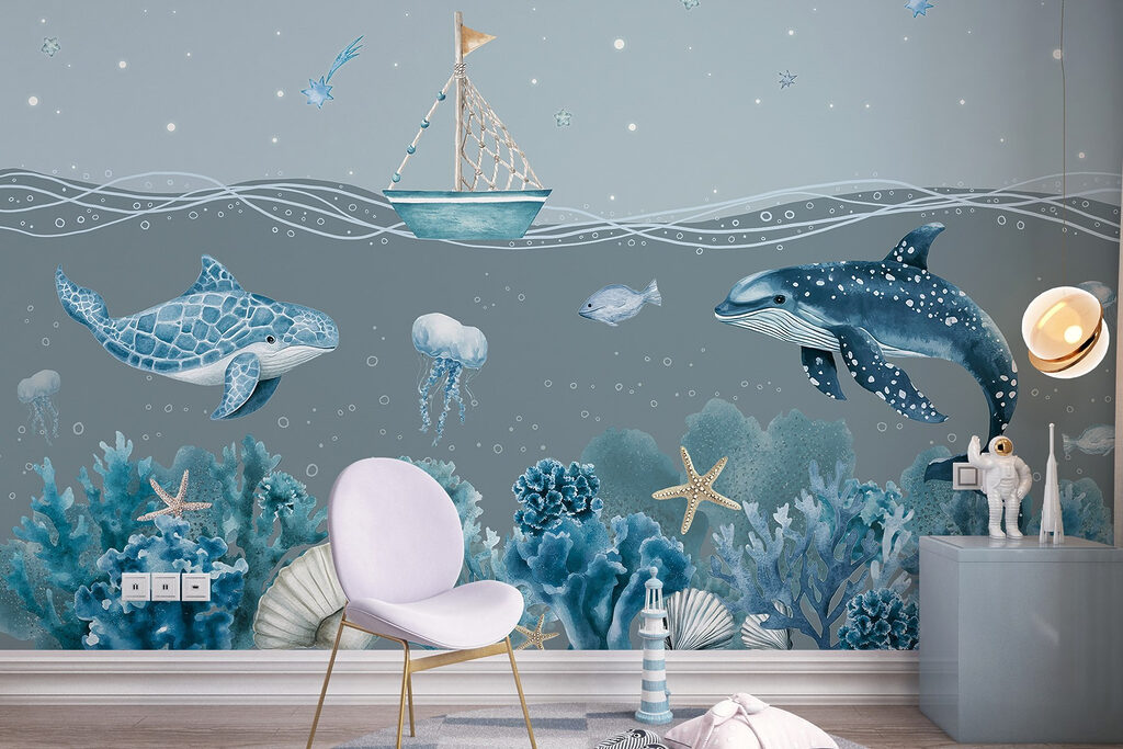 Sea life with a boat and fish